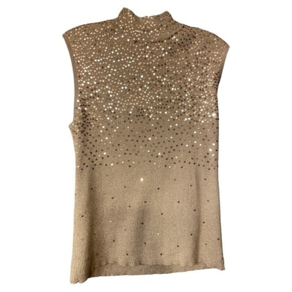 Once Again Womens Gold Sequin Mock Neck Party Sweater Sleeveless Ribbed Glam